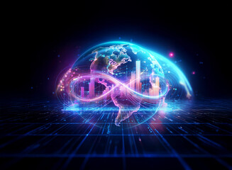 Obraz premium A mesmerizing double exposure image depicting a glowing Earth encircled by an infinity symbol, symbolizing global interconnectedness and endless potential. The vibrant colors and futuristic aesthetic
