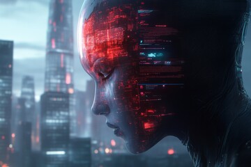 A cyberpunk-style digital membership interface with neon blue security verification, set against a futuristic city skyline filled with holographic advertisements