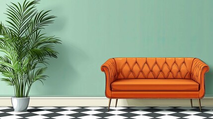 Fototapeta premium Mid-Century Modern Orange Leather Sofa in a Stylish and Elegant Living Room Interior