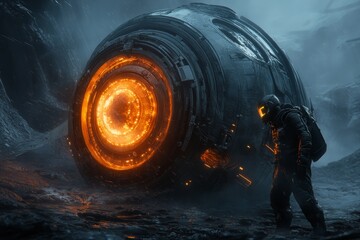 A detailed 3D depiction of a deep-sea diver tentatively approaching a mysterious glowing artifact on the ocean floor, surrounded by schools of fish