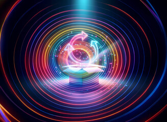 A mesmerizing double exposure image features vibrant, multicolored concentric circles radiating light.  Arrows spin within the glowing rings, creating a dynamic, circular energy field.