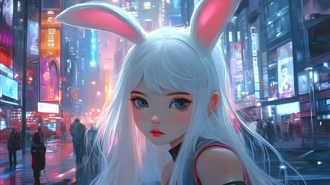 Beautiful white-haired girl with blue eyes and bunny ears standing in neon-lit cyberpunk cityscape, futuristic urban background, high-tech cyber fashion, night city aesthetics with vibrant lights