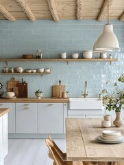 Obraz premium Rustic Kitchen Design With Light Blue Tiles and Wooden Beams
