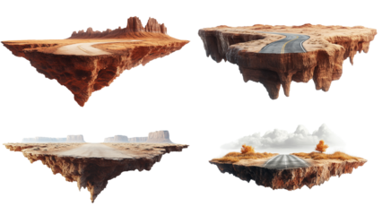 four isolated floating islands,  with different desert landscapes each,  showing a variety of rock formations, dusty paths,  and  desolate landscapes with a road going into the distance