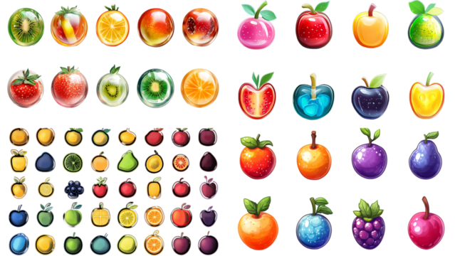 a collection of various colorful fruits, both whole and halved, in a cartoon style. The fruits include apples, oranges, plums, pears, berries, and more