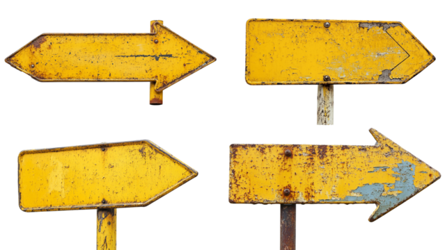 four yellow rusty arrow signs isolated on a white background. The signs are all pointing in different directions, with two arrows pointing to the left and two pointing to the right - Powered by Adobe