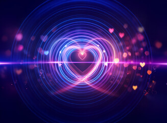 Obraz premium A mesmerizing double exposure image features a vibrant, glowing heart encircled by concentric rings of light. Pink and blue hues radiate outwards, creating a romantic and energetic atmosphere. Scatt