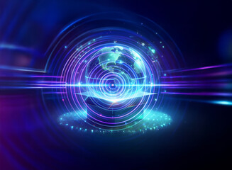 A mesmerizing double exposure image showcasing a vibrant, glowing Earth encircled by concentric rings of light and energy, set against a dark, dynamic background.  The effect suggests global connectiv