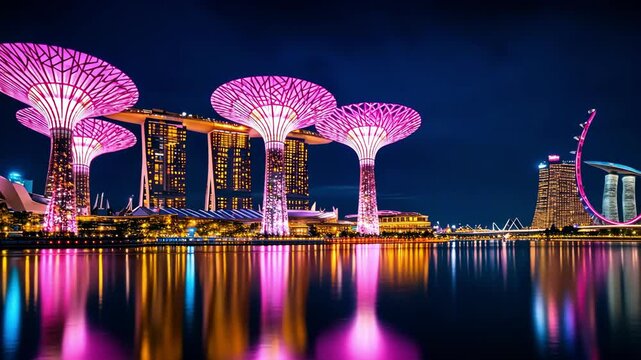 Stunning skyline with illuminated trees and reflections at night