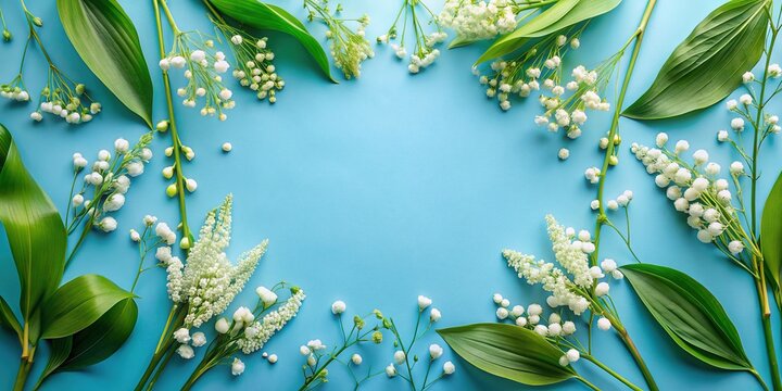 Spring Floral Frame: Lily of the Valley & Hellebores on Blue, Top View