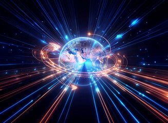Obraz premium A mesmerizing double exposure image of Earth, surrounded by vibrant streaks of light and energy, suggesting global connectivity and technological advancement.