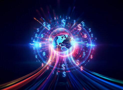 A mesmerizing double exposure image depicts a glowing Earth encircled by vibrant, radiating dollar signs and streaks of light, symbolizing global finance and interconnectedness.