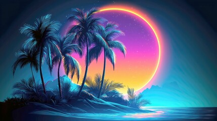 Obraz premium Synthwave Paradise: Vibrant Tropical Island Sunset Beach, Palm Trees, Ocean, Night Sky, Stars, Moon Glow