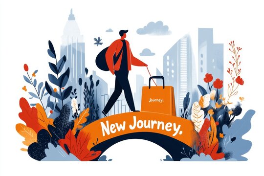 A flat 2D illustration of a person stepping onto a bridge labeled â€œNew Journey,â€ symbolizing the undertaking of a new phase, with bright colors on a white background