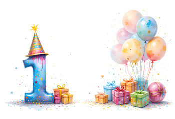 card with number 1 in birthday cap, gift boxes and balloons