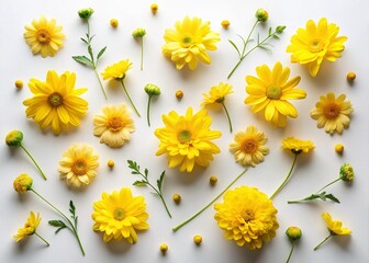 Obraz premium Springtime Yellow Flower Macro Photography - Flat Lay Composition on White