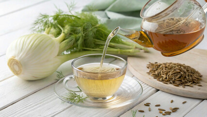 Fennel tea in a glass cup, fresh fennel bulb, seeds and tea pot pouring tea to cup. White wooden table with ldetoxification, relaxation, refreshing,ight background