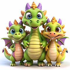 Obraz premium Adorable 3D Cartoon Dragon Family Clipart for Sublimation