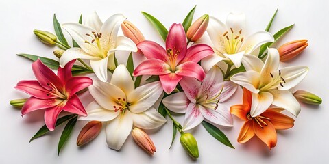 Obraz premium Stunning Lily Flowers Flat Lay, White Background, High-Resolution Stock Photo