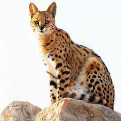 Fototapeta premium serval cat perched on rock, showcasing its striking spots and confident demeanor