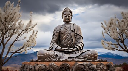 Obraz premium Majestic and serene outdoor Buddha statue framed by a dramatic moody cloudy sky landscape Captured in atmospheric lighting