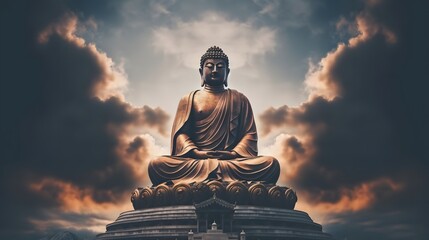 Fototapeta premium Majestic outdoor Buddha statue set against a dramatic moody cloudy sky backdrop creating a serene and spiritual landscape