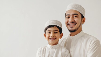 8K lifelike image of a Muslim man and his son in matching