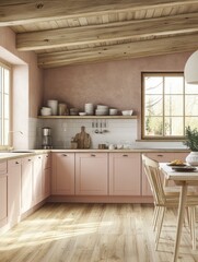 Rustic Pink Kitchen With Wooden Beams And Light Wood Floor