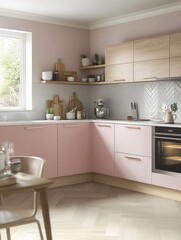 Fototapeta premium Modern Pink Kitchen Design With Wooden Accents