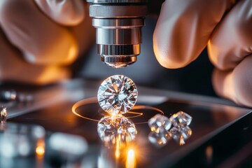 A hyper-realistic close-up of a jeweler hand polishing a diamond with intricate detail, capturing the sparkling facets and the precision of the task