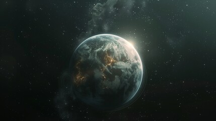 A close-up of a distant planet with a ring system, set against the backdrop of a star-filled sky,