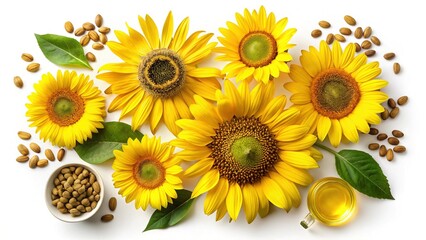 Fototapeta premium Vibrant Sunflower Bouquet Collection: Flat Lay, Isolated on White, Agriculture, Seeds, Oil