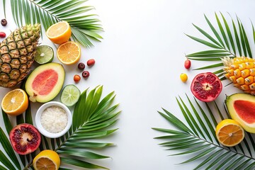Vibrant Tropical Fruits & Palm Leaves Summer Flat Lay - White Background Stock Photo