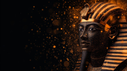 Golden Pharaoh Mask: A majestic portrait of an ancient Egyptian pharaoh's golden mask, imbued with a mystical aura against a dark, subtly sparkling backdrop. The image evokes history, power.