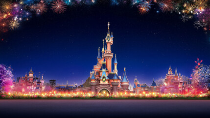 Obraz premium Enchanted Castle Fireworks: A majestic castle, illuminated against a night sky ablaze with vibrant fireworks, evokes a sense of wonder and magic. Perfect for illustrating fairytale themes, dreams.