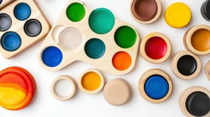 Creative arrangement of vibrant wooden paint palettes and colorful discs on a bright surface for artists and children
