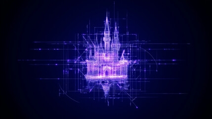 Obraz premium Digital Castle: A majestic castle, rendered in a futuristic digital style, glows with purple light amidst intersecting lines and grids, creating an ethereal and dreamlike atmosphere. 