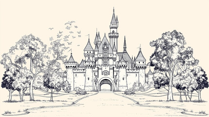 Obraz premium Enchanted Castle Sketch: A whimsical hand-drawn illustration of a fairytale castle nestled amongst lush trees, inviting the viewer to step into a realm of wonder and magic.