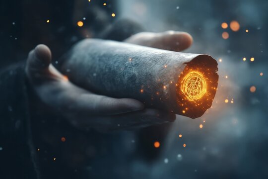A magical scroll glowing with runes and a golden seal of validation, held by a wizard in a mystical library