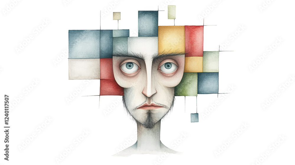 Fototapete intriguing portrait, man's face crafted from a mosaic of multicolored squares fusion of digital art 