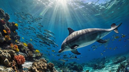 Obraz premium Dolphin and School of Fish Swimming Above Vibrant Coral Reef in Sunlit Ocean