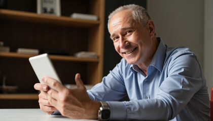 Smiling older man using tablet in modern living room
