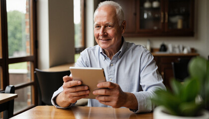 Smiling elderly man using tablet at home