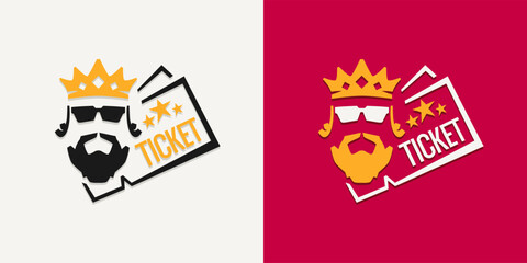 There is an emblem with the inscription ticket on the front. A modern graphic sign. An illustration of the king's head and tickets. Drawing for ticket sales