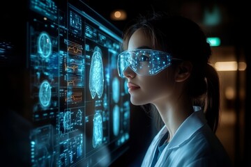 Scientist analyzes brain scans on a futuristic display