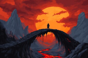 A pixel art character tentatively crossing a narrow bridge over a lava-filled chasm in a...