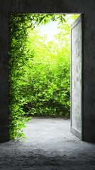A Doorway to Nature: A Concrete Door Opens to a Lush Greenery