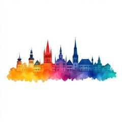Colorful Watercolor Skyline Illustration of Famous Landmarks with Vibrant Gradient Background