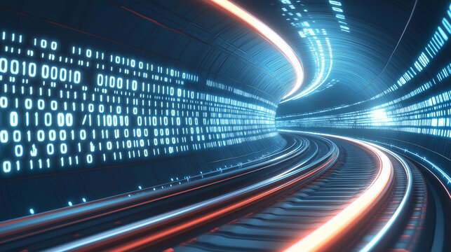 Data Stream Tunnel: Abstract digital tunnel with glowing binary code racing along the tracks, representing high-speed data transfer and the flow of information in the digital age.  - Powered by Adobe