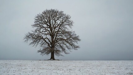 Solitary Snow Covered Tree in Foggy Field